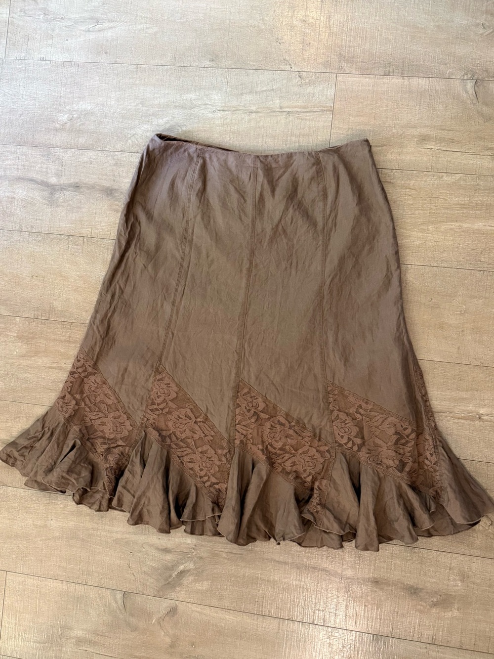 VTG Y2K nine west Brown Linen Lace Ruffle Midi skirt boho coastal cowgirl 14W
